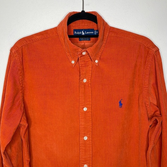 Vintage Ralph Lauren Mens Size M Orange Corduroy Long Custom Fit Button Down - Picture 3 of 11